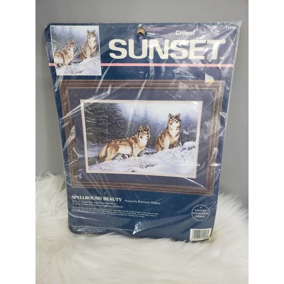 NEW Sunset Crewel Embroidery Spellbound Beauty 11092 Wolves Winter Snow Indian - Picture 1 of 6